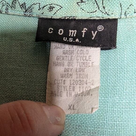 Vtg 1990s Comfy USA Mint Green Illustrated Floral Print Linen Button Up Top XL - Picture 6 of 7